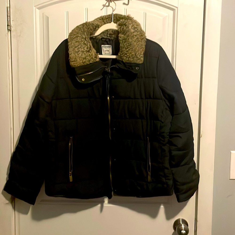 Black winter coat with fur collar. Like new